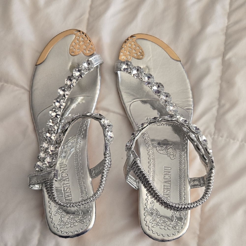 Crystal-Embellished Silver Sandals